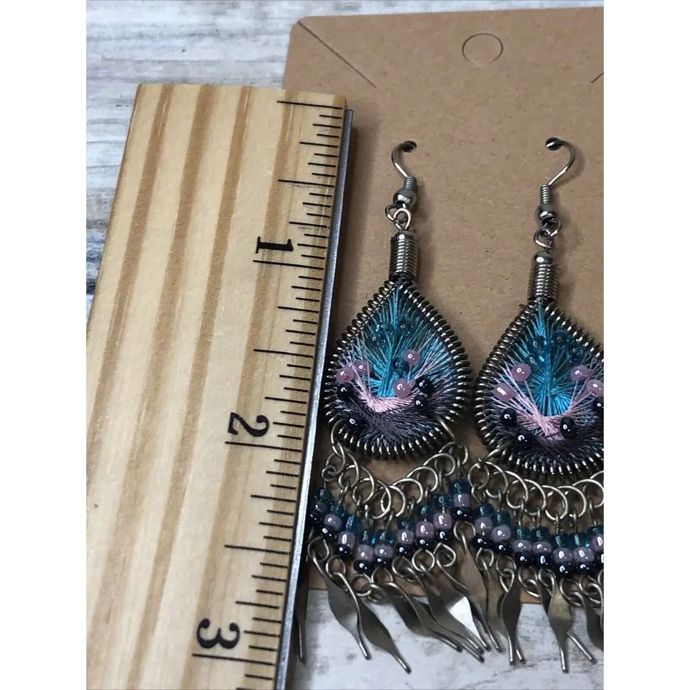 Boho‎ Drop Dangle Beads Teardrop Silver Tone Pink Blue